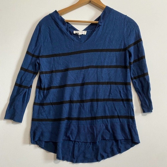TWO by VINCE CAMUTO Womens S Blue Striped Linen Blend 3/4 Sleeve V Neck Top - Picture 1 of 7